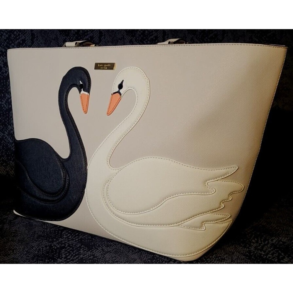 Kate Spade On Pointe Large Swan Tote Black And White Swans 10" Strap Gray Clean - Picture 5 of 16